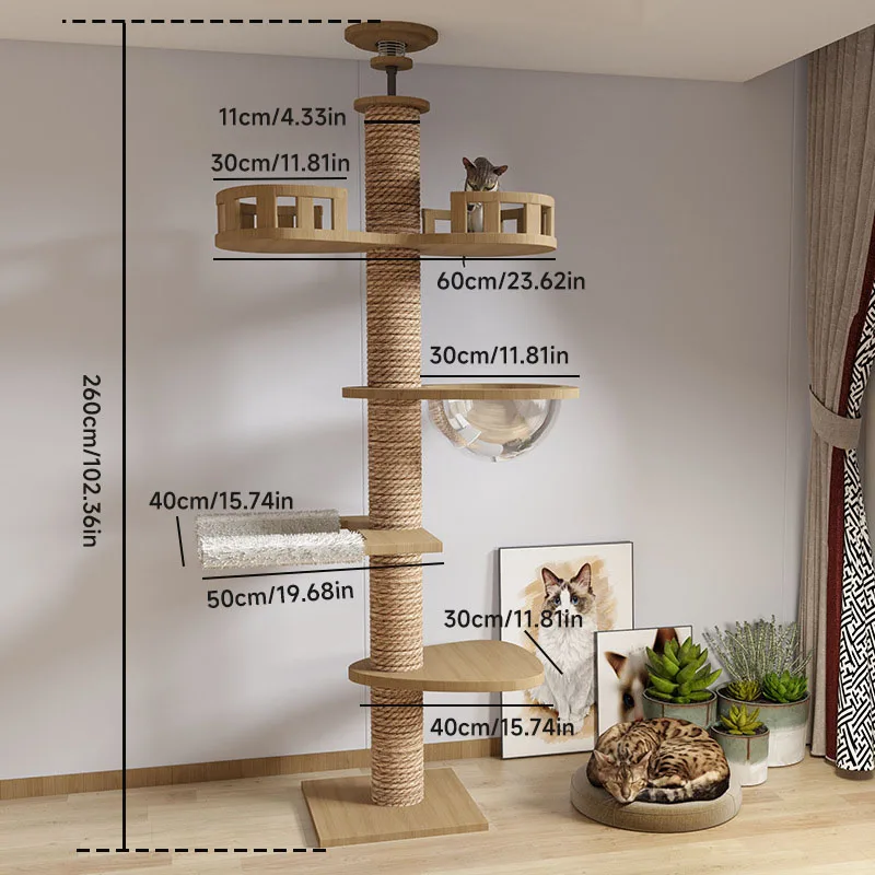 Solid Wood Cat Tree Tower Natural Color Large Space Cat Nest Stable Base Indoor Cat Scratching Post Climbing Frame Pet Play Furniture - Imagen 6