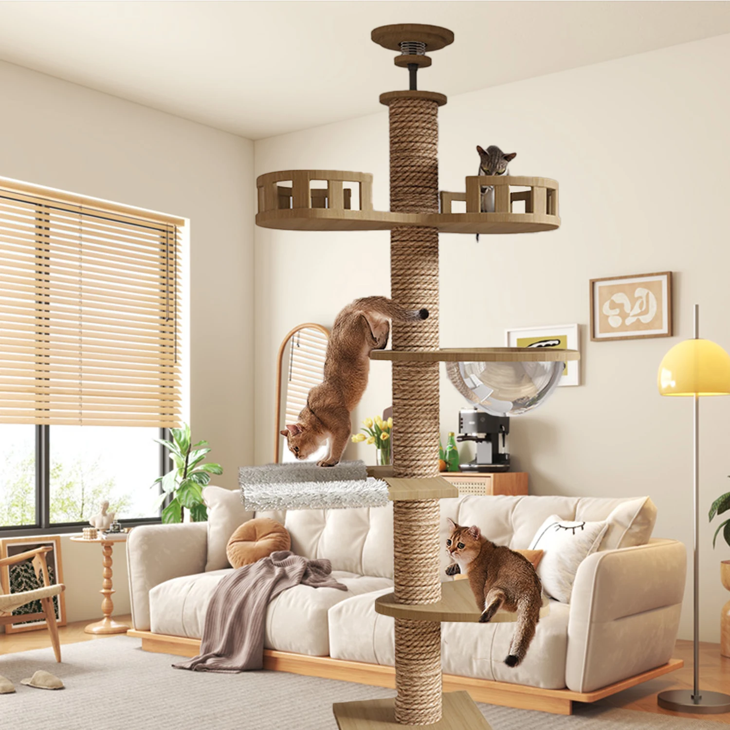 Solid Wood Cat Tree Tower Natural Color Large Space Cat Nest Stable Base Indoor Cat Scratching Post Climbing Frame Pet Play Furniture - Imagen 3