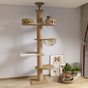 Solid Wood Cat Tree Tower Natural Color Large Space Cat Nest Stable Base Indoor Cat Scratching Post Climbing Frame Pet Play Furniture