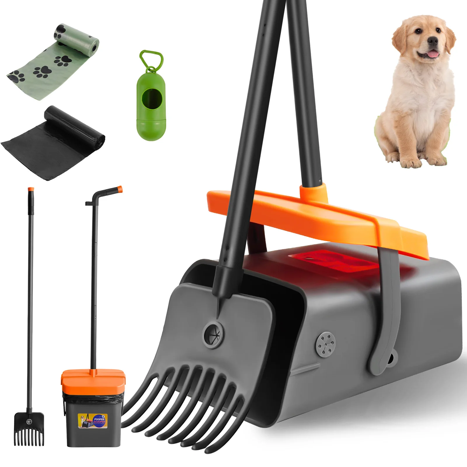 Poop Scooper for Dog, with Swivel Container & Dog Waste Bag Dispenser & 35 Waste Bags,116cm Length Handle Dog Poop Shovel and Rake For Dog Puppy Cat Waste Picker Pet Cleaning Shovel Tools