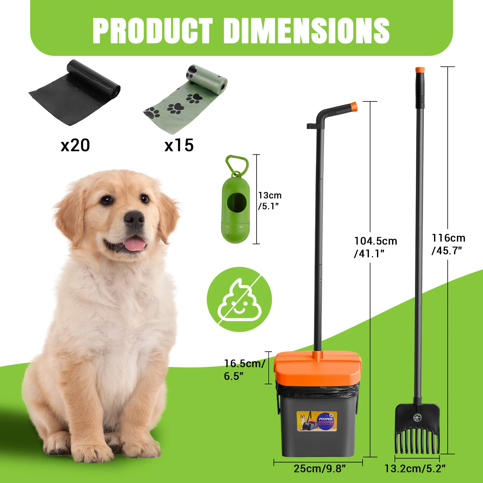 Poop Scooper for Dog, with Swivel Container & Dog Waste Bag Dispenser & 35 Waste Bags,116cm Length Handle Dog Poop Shovel and Rake For Dog Puppy Cat Waste Picker Pet Cleaning Shovel Tools - Imagen 9