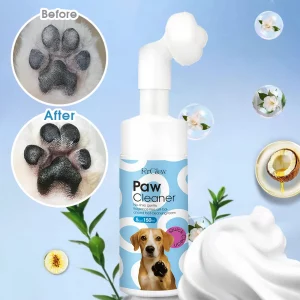 Espuma limpiadora de patas para mascotas sin aclarado; incluye un cepillo suave; limpiador suave de 150 ml para perros y gatos; elimina la suciedad y el mal olor; hidrata y desodoriza; ideal para usar tras paseos o ejercicio al aire libre; tamaño de viaje portátil; apto para el cuidado diario.