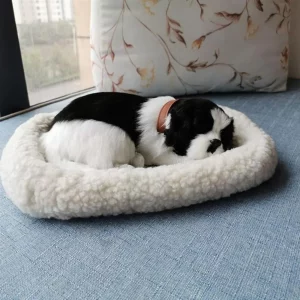 Realistic Black and White Cat Dog Breathing Sleeping Plush Toys Doll Electronic Pets for Dementia Seniors Adults Kids