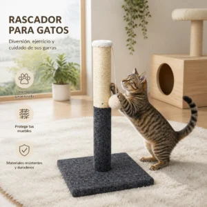 Rascador para Gatos con Poste de Cuerda de Sisal Natural y Felpa, Árbol Rascador para Gatos Compacto con Bola Colgante Interactiva, Base Estable de 29,5x29,5x50cm, Color Gris y Beige