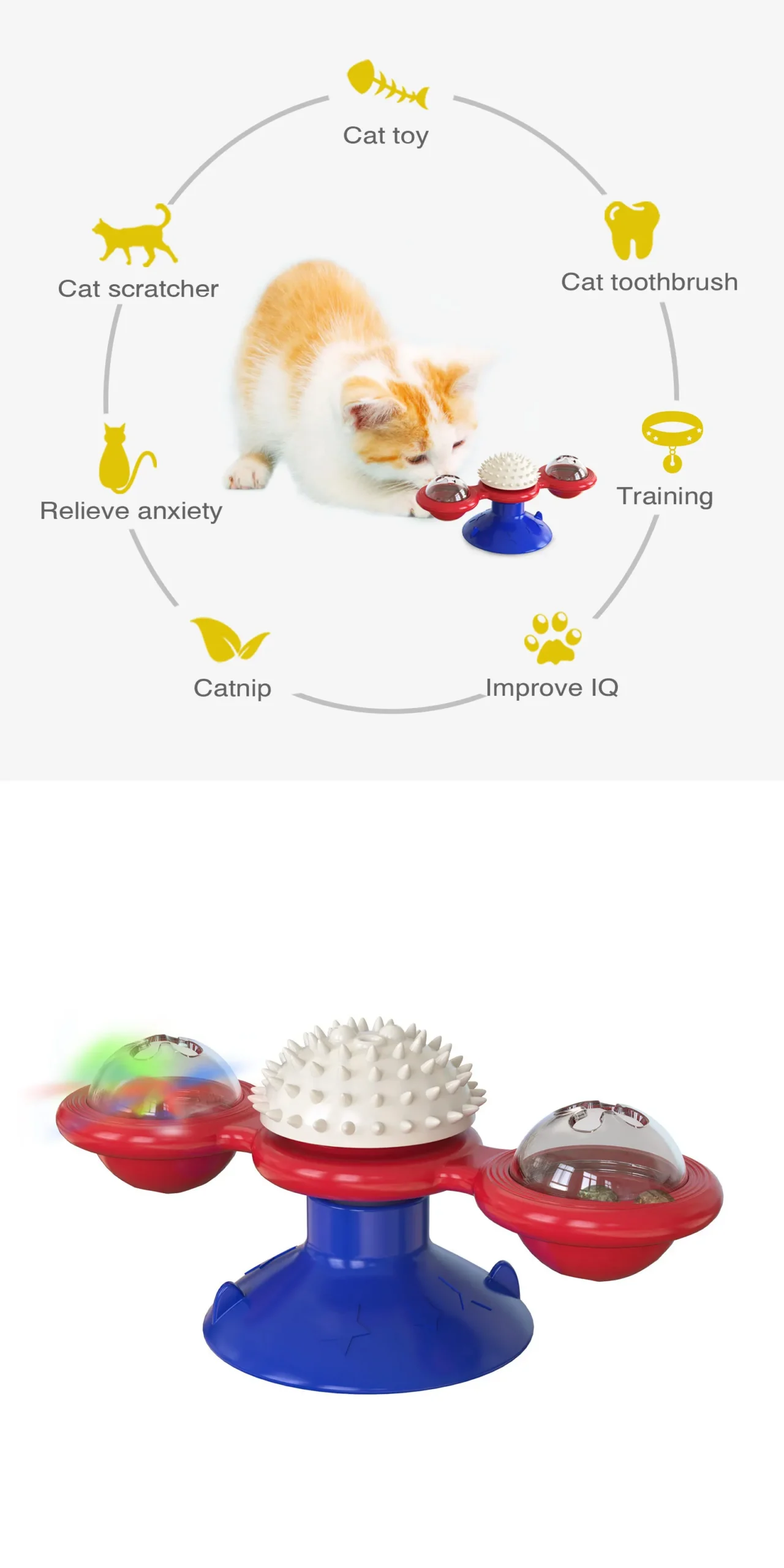 Juguete interactivo para gatos con forma de molino de viento, juego de rompecabezas giratorio, juguete multifuncional para limpiar los dientes de los gatitos y artículos para mascotas. - Imagen 5