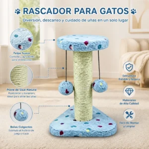 Rascador para gatos con poste de cuerda de sisal natural y bolas colgantes, torre de juegos compacta con base estable y suave peluche, juguete interactivo para gatitos, 20x20x28cm - Imagen 6
