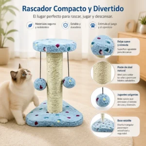 Rascador para gatos con poste de cuerda de sisal natural y bolas colgantes, torre de juegos compacta con base estable y suave peluche, juguete interactivo para gatitos, 20x20x28cm - Imagen 3