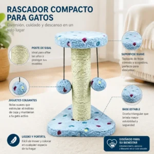 Alternative view of Rascador para gatos con poste de cuerda de sisal natural y bolas colgantes, torre de juegos compacta con base estable y suave peluche, juguete interactivo para gatitos, 20x20x28cm