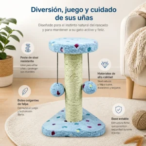 Rascador para gatos con poste de cuerda de sisal natural y bolas colgantes, torre de juegos compacta con base estable y suave peluche, juguete interactivo para gatitos, 20x20x28cm - Imagen 7