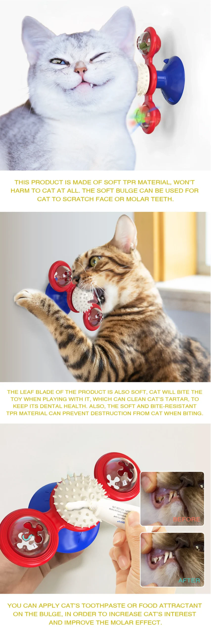 Juguete interactivo para gatos con forma de molino de viento, juego de rompecabezas giratorio, juguete multifuncional para limpiar los dientes de los gatitos y artículos para mascotas. - Imagen 8