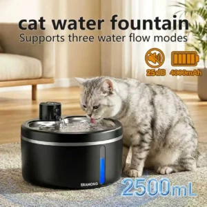 Fuente de agua inalámbrica de acero inoxidable de 2,5 L para gatos, bebedero para mascotas con batería recargable, sensor de movimiento y 2 filtros.